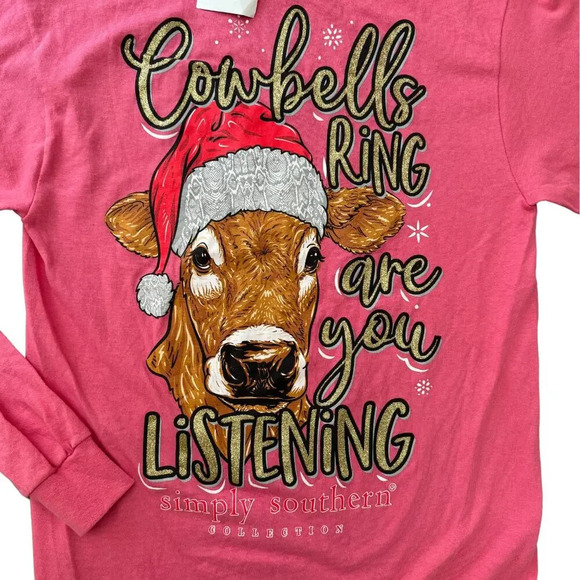 SIMPLY SOUTHERN Long Sleeve Christmas Tee Shirt Cowbells Ring Pink NWT Small - Picture 1 of 6